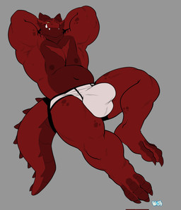 3_toes anthro balls belly big_balls big_penis bulge claws clothed clothing detailed_bulge feet genitals grey_background half-closed_eyes jockstrap jockstrap_only lying male mouth_closed musclegut muscular muscular_male narrowed_eyes navel nipples non-mammal_balls on_back pecs penis red_body relaxing scales sharp_teeth simple_background smile solo tail teeth thick_arms thick_tail thick_thighs toes topless underwear underwear_only bluesh mythology shouty_(xshouty) dragon mythological_creature mythological_scalie scalie hi_res