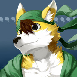 anthro black_eyes black_nose brown_hair cheek_tuft chin_tuft closed_smile clothing countershading dipstick_ears ear_markings facial_tuft front_view fur glistening glistening_eyes green_clothing green_kerchief green_topwear hair kerchief male mouth_closed multicolored_ears neck_tuft simple_background smile solo topwear tuft unsigned white_body white_ears white_fur white_inner_ear yellow_body yellow_ears yellow_fur yellow_inner_ear t.y.stars canid mammal 1:1 bust_portrait icon portrait