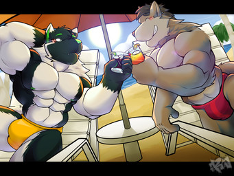 5_fingers abs anthro beach beach_chair beach_umbrella beverage big_muscles blush clothing cloud duo fingers fur green_body green_fur grey_body grey_fur hand_behind_head lemon_wedge male multicolored_body multicolored_fur muscular palm_tree parasol pecs plant red_clothing red_speedo red_swimwear sand sea seaside smile speedo sun swimwear text tree water white_body white_fur yellow_clothing yellow_speedo yellow_swimwear resondog azure_(azurehorizon) jake_(jakewolf00) canid canine canis fox hybrid mammal wolf 4:3 absurd_res english_text hi_res