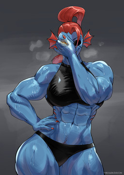 5_fingers abs blue_body bodily_fluids bottomwear breasts clothed clothing eye_patch eyewear female fingers hair hand_on_hip hand_on_own_hip looking_at_viewer multicolored_body muscular muscular_female muscular_humanoid muscular_thighs navel ponytail pubes pupils red_body red_hair slit_pupils solo sweat sweaty_abs sweaty_legs sweaty_thighs text thick_thighs topwear two_tone_body wide_hips thedarkzircon undertale_(series) undyne animal_humanoid fish fish_humanoid humanoid marine marine_humanoid artist_name hi_res