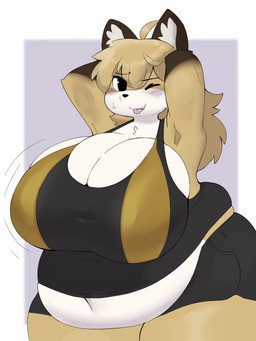 anthro belly belly_overhang big_belly big_breasts black_bottomwear black_clothing black_eyes black_nose black_shorts blep blush bodily_fluids border bottomwear breast_squish breasts brown_body brown_fur chubby_cheeks cleavage clothed clothing curvy_figure female fur glistening glistening_hair hair hand_behind_back hand_behind_head huge_breasts inner_ear_fluff long_hair looking_at_viewer love_handles markings motion_lines multicolored_body multicolored_fur navel no_pupils one_eye_closed overweight overweight_anthro overweight_female raised_arm red_clothing shirt shorts solo squish standing sweat sweatdrop tan_body tan_fur tank_top teeth thick_thighs tight_clothing tongue tongue_out topwear tuft venus_figure white_body white_border white_fur wide_hips inazuma_kat fujiko_(inazuma_kat) canid canine fox mammal 2025 3:4 digital_media_(artwork) hi_res