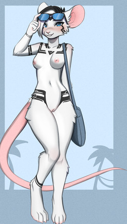 anthro areola bag biped breasts day digitigrade eyewear eyewear_on_head eyewear_only feet female female_anthro fingers fur genitals hair holding_bag holding_object looking_at_viewer markings medium_breasts navel nipples nude nude_anthro nude_female outdoor_nudity outside pose short_hair smile solo standing sunglasses sunglasses_on_head sunglasses_only tail tasteful_nudity tattoo teeth toes vulva lentilghost mammal mouse murid murine rodent digital_drawing_(artwork) digital_media_(artwork) full-length_portrait hi_res portrait shaded simple_shading