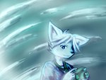 anthro black_nose blue_background blue_clothing blue_eyes blue_shirt blue_topwear camera clothed clothing fur hair holding_camera holding_object looking_at_viewer male noose shirt simple_background smile smirk solo topwear undershirt white_body white_fur white_hair shirokoi repeat_(visual_novel) echo_(repeat) arctic_fox canid canine fox mammal true_fox 2015 4:3