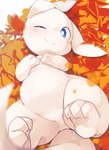 3_fingers 3_toes ambiguous_gender autumn_leaves blue_eyes blush blush_lines crotch_lines featureless_crotch feet feral fingers glistening_face hand_on_chest high-angle_view kemono leaf leaf_pile long_ears lying on_back one_eye_closed pupils semi-anthro smile solo spread_legs spreading toes white_arms white_body white_ears white_face white_hands white_legs white_pupils white_skin wink aoino ambiguous_species 2019 digital_drawing_(artwork) digital_media_(artwork) full-length_portrait hi_res portrait