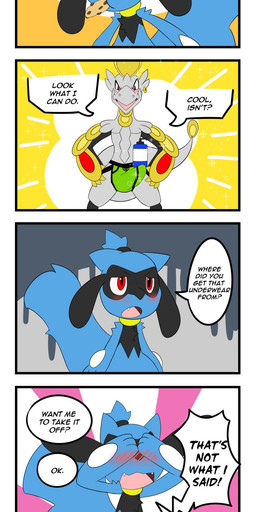 anthro apology breeches clothing cookie duo eating excited feral food holding_object humor male text underwear anzzu nintendo pokemon aura_(anzzuart) scales_(anzzuart) generation_4_pokemon generation_7_pokemon hakamo-o pokemon_(species) riolu 2020 english_text hi_res