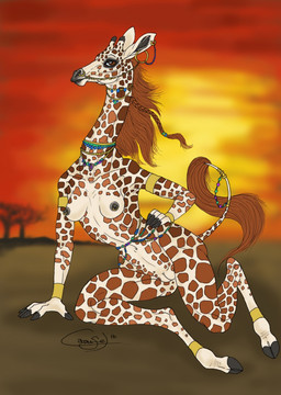 anthro areola breasts detailed_background female genitals hair nipples nude outside plant sky solo sunset tree vulva rose_moonfeather theshadowcheetah giraffe giraffid mammal hi_res