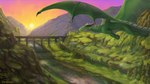 bridge feral grass green_body green_scales male mountain plant purple_eyes river scales solo sunset vampi mythology ezra_(maxderpy3d) dragon mythological_creature mythological_scalie scalie hi_res