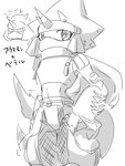 anthro clothing crop_top fusion horn male mask midriff midriff_top ninja shirt solo topwear warrior mkz_kabeuchi bandai_namco digimon digimon_(species) fumamon gammamon scalie 3:4 hi_res monochrome sketch