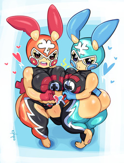 anthro big_breasts big_butt biped breast_squish breasts breasts_frottage butt clothed clothing duo eyelashes female female/female glistening glistening_body heart_symbol looking_at_viewer pupils simple_background smile squish yellow_body odoka nintendo pokemon generation_3_pokemon minun plusle pokemon_(species) absurd_res hi_res