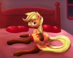 2014 anus applejack_(mlp) bed bedroom blonde_hair blush butt clothing cutie_mark ear_piercing earth_pony equid equine female feral freckles friendship_is_magic fur furniture genitals gloves green_eyes hair handwear hasbro hi_res horse inside legwear looking_at_viewer lying mammal my_little_pony on_bed on_side orange_body orange_fur piercing pillow pony pussy smile smokedpone solo spread_pussy spreading stockings