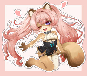 accessory anthro asymmetrical_clothing blush bodily_fluids bottomwear brown_body brown_fur claws clothed clothing collar dipstick_ears dipstick_tail ear_markings female finger_claws fur gloves_(marking) hair heart_symbol kneeling leg_markings legwear markings microskirt miniskirt multicolored_body multicolored_ears multicolored_fur one_eye_closed one_thigh_high open_mouth pink_hair purple_eyes simple_background skirt socks_(marking) tail tail_markings tan_body tan_fur tears thigh_belt thigh_highs toe_claws two_tone_body two_tone_fur white_clothing white_legwear white_thigh_highs young young_anthro young_female pixiv_id_4065076 manu_ponumau wolvir absurd_res hi_res