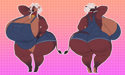 2_horns anthro bell bell_collar big_breasts big_butt breasts brown_body butt cleavage clothed clothing collar cowbell ear_piercing elderly_anthro elderly_female female female_anthro front_view gradient_background hand_behind_head horn huge_breasts huge_butt hyper looking_at_viewer overalls overweight overweight_anthro overweight_female piercing rear_view simple_background smile solo standing thick_thighs wide_hips vintagart hazel_(noeticred) bovid bovine cattle mammal hi_res model_sheet