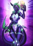 alley anthro breasts claws clothing cybernetics cyberpunk dangerous fin futuristic green_eyes green_hair gun hair herm intersex jacket leggings legwear looking_at_viewer machine ranged_weapon solo topwear weapon gaiawolfess malakhael sargosa cyborg fish marine robot shark hi_res