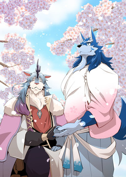 1_horn anthro black_nose cherry_blossom cherry_blossom_tree cherry_tree claws clothed clothing duo flower fruit_tree hair horn humanoid_hands long_hair male pink_nose plant prunus_(flower) tree samoji mythology sdorica juan_yun canid canine canis dragon kirin mammal mythological_creature mythological_scalie scalie wolf 2025 colored hi_res