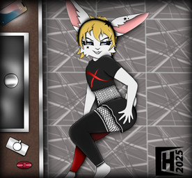 anthro blonde_hair bottomwear clothing crop_top femboy feminine fishnet_clothing fur hair legwear male shirt skirt solo stockings thigh_highs topwear white_body white_fur charliebnnuy charlie_(charliebnnuy) lagomorph leporid mammal rabbit