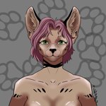 anthro black_lines black_spots dots eyelashes feline_ears female fur green_eyes hair inner_ear_fluff lines_on_neck paws pink_hair solo spots taorri tuft kzo_arts domestic_cat felid feline felis mammal sand_cat 1:1 hi_res