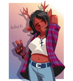 anthro antlers belt belt_buckle black_hair black_nails bottomwear breasts brown_body brown_fur buckle clothed clothing colored_nails cross cross_necklace denim denim_bottomwear denim_clothing eyes_closed fan_designs female fingerless_gloves flannel_shirt freckles fur gesture gloves hair hand_behind_head hand_gesture handwear horn jeans jewelry midriff nails navel necklace open_clothing open_shirt open_topwear pants shirt solo tan_body topwear v_sign white_clothing white_shirt white_topwear robablo_blanferds deltarune undertale_(series) dess_holiday deer mammal new_world_deer reindeer 2025 hi_res