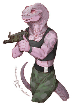anthro bottomwear breasts camo camo_bottomwear camo_clothing camo_pants camo_print clothing female gun open_mouth pants pattern_bottomwear pattern_clothing pattern_pants pink_body pink_scales ranged_weapon red_eyes rifle scales shirt snake_hood solo tank_top topwear weapon kredri cobra reptile scalie snake