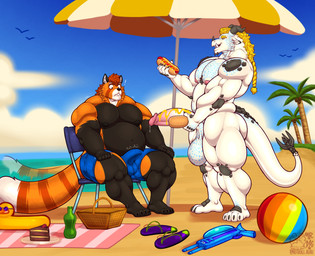 abs anthro balls beach bedroom_eyes black_body black_fur black_scales blonde_hair brown_hair clothing curved_horn duo erection erection_under_clothing facial_horn fangs food fur genitals hair half-closed_eyes horn hot_dog_bun humanoid_genitalia humanoid_penis inviting male markings muscle_tone musclegut muscular muscular_anthro muscular_male mustard narrowed_eyes nose_horn nude open_mouth open_smile orange_body orange_fur pecs penis scales seductive smile smirk smug smug_face speedo striped_markings striped_tail stripes swimwear tail tail_markings teeth wide_eyed hotdogsauau mythology nogard_krad_nox ailurid dragon mammal mythological_creature mythological_scalie red_panda scalie wingless_dragon absurd_res hi_res