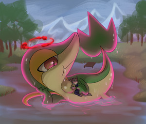 ambiguous_gender anthro barefoot black_clothing black_shirt black_topwear blue_bottomwear blue_clothing blue_pants blue_shirt blue_topwear blush bottomwear brown_eyes clothing dripping_wet duo dynamax extreme_size_difference eyes_closed feet feral fur grass green_body grey_body grey_fur hand_on_neck lake looking_down looking_down_at_another lying macro_feral micro_anthro mountain narrowed_eyes neck_bulge on_side pants pattern_clothing pattern_shirt pattern_topwear plant shirt size_difference striped_clothing striped_shirt striped_topwear stripes swallowing tail tan_body teasing text topwear tree water wet yellow_body rainypaws nintendo pokemon generation_5_pokemon pokemon_(species) snivy artist_name