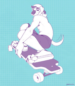 anthro areola backwards_baseball_cap backwards_hat baseball_cap clothed clothing feet foot_focus hat headgear headwear longboard male male_anthro nipples paw_shoes pawpads paws side_view skateboard skateboarder skateboarding slim solo tail tail_motion tailwag topless topless_anthro topless_male vehicle sammich_(artist) ollie_(sammich) canid canine canis domestic_dog mammal hi_res line_art