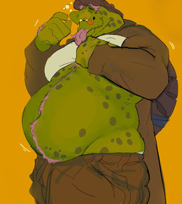 anthro barely_visible_underwear belly belly_overhang big_belly body_hair bottomwear bulging_butt butt clothed clothing clothing_lift elderly elderly_anthro elderly_male eyes_closed facial_hair fully_clothed goatee green_body hair happy_trail hat headgear headwear male markings mature_male navel overweight overweight_anthro overweight_male pants pink_hair raised_arms shirt shirt_lift side_view simple_background solo spots spotted_body tongue tongue_out topwear wrinkles yellow_background boneranonymouse deltarune undertale_(series) gerson gerson_boom_(deltarune) reptile scalie turtle 2025 hi_res portrait three-quarter_portrait