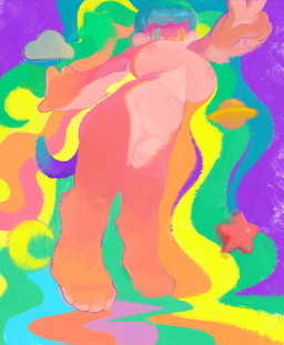abstract_background anthro areola biped blue_hair breasts bright_colors female female_anthro fur gesture hair hand_gesture heterochromia low-angle_view navel nipples nude paws pigtails pink_body pink_fur solo v_sign white_body white_fur mighty-whydah abnara_(mighty-whydah) canid canine canis domestic_dog mammal 2024 digital_media_(artwork) digital_painting_(artwork) hi_res painting_(artwork)
