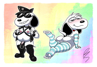 anthro bdsm femboy leg_markings lgbt_pride male male/male markings pride_colors socks_(marking) solo platislut peanuts_(comic) snoopy canid canine canis domestic_dog mammal hi_res