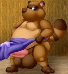 anthro apron balls belly big_balls big_penis blue_apron blue_clothing blue_eyes brown_body brown_fur clothing erection fur genitals humanoid_hands male overweight overweight_anthro overweight_male penis solo thevillager animal_crossing nintendo tom_nook_(animal_crossing) canid canine mammal raccoon_dog tanuki 2019