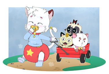 anthro character_plushie clothed clothing diaper doll male pacifier plushie pulling_wagon seam_(sewing) shirt smile solo stitch_(sewing) text text_on_clothing text_on_shirt text_on_topwear topwear toy vehicle wagon wearing_diaper young young_anthro young_male tenerius bee_and_puppycat cartoon_hangover cult_of_the_lamb massive_monster_(studio) nintendo pokemon lamb_(cult_of_the_lamb) nivek_yang puppycat red_crown_(cult_of_the_lamb) domestic_cat felid feline felis generation_1_pokemon inanimate_object mammal meowth pokemon_(species) absurd_res hi_res