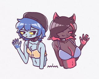 anthro beanie big_breasts blue_body blue_fur blue_hair breasts cat_smile choker cleavage clothed clothing collar dark_body dark_fur dark_hair duo ear_piercing ear_ring fangs female flat_chested fur hair hat headgear headwear jewelry looking_aside looking_at_viewer midriff multicolored_body multicolored_fur narrowed_eyes necklace pawpads piercing pointy_ears red_body red_fur red_sclera ring_piercing short_hair simple_background slim spiked_collar spikes teeth two_tone_body two_tone_fur yellow_sclera not_anim unnamed_character ambiguous_species animal_humanoid felid felid_humanoid feline feline_humanoid humanoid mammal mammal_humanoid digital_drawing_(artwork) digital_media_(artwork)
