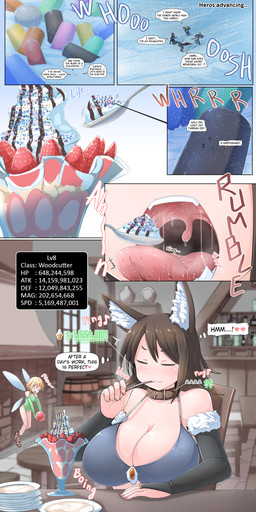big_breasts bodily_fluids breasts cleavage clothed clothing collar cutlery eating extreme_size_difference female female_pred inner_ear_fluff kitchen_utensils male micro oblivious oral_vore parfait_(dessert) saliva size_difference spoon sprinkles text tongue tools tuft unaware_pred uvula vore ochiko_terada ydnkm_(translator) animal_humanoid cat_humanoid fairy felid felid_humanoid feline feline_humanoid human humanoid mammal mammal_humanoid 2022 comic english_text hard_translated hi_res translated
