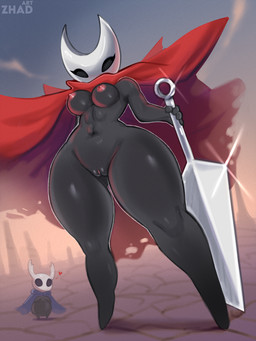 2_horns ambiguous_gender areola armor barefoot biped black_eyes breasts cloak clothing curvy_figure dark_body dark_skin feet female female/ambiguous genitals glistening headgear heart_symbol helmet holding_melee_weapon holding_object holding_weapon horn legwear looking_at_viewer low-angle_view mask masked_female melee_weapon nail_(weapon) nipples nude nude_female pink_nipples polearm pose red_cloak red_clothing red_heart simple_background size_difference text thick_thighs thigh_highs view vulva weapon zhadart hollow_knight_(franchise) team_cherry hornet_(hollow_knight) the_knight_(hollow_knight) arthropod humanoid insect mammal vessel_(species) 3:4 digital_media_(artwork) english_text hi_res half_brother_(lore) half_sister_(lore) sibling_(lore) sister_(lore)
