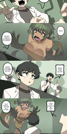 big_breasts biped bodily_fluids breasts clothed clothing coat dialogue female group hair lab_coat male open_mouth profanity pupils saliva scientist speech_bubble text thick_thighs three-quarter_view topwear junkzero animal_humanoid dinosaur_humanoid human humanoid mammal reptile reptile_humanoid scalie scalie_humanoid absurd_res comic english_text hi_res