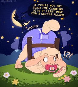 ass_up big_diaper diaper fence looking_at_hand moon night pacifier pawpads plushie plushification raised_tail shocked surprised tail teasing text toyification transformation r3drunner mythology toast_(r3drunner) avian bovid caprine gryphon mammal mythological_avian mythological_creature sheep 2025 colored english_text hi_res