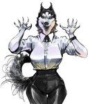 5_fingers anthro arms_bent big_breasts biped black_body black_bottomwear black_bracelet black_claws black_clothing black_collar black_ears black_eyes black_fur black_nose black_pants black_tail bottomwear bracelet breasts button_(fastener) cheek_tuft claws clothed clothed_anthro clothed_female clothing collar collared_shirt dark_body dark_fur dress_shirt eyelashes facial_tuft female finger_claws fingers fluffy fluffy_tail front_view fully_clothed fully_clothed_anthro fully_clothed_female fur fur_tuft glistening glistening_bottomwear glistening_clothing glistening_pants grin grinning_at_viewer high_waisted_bottomwear high_waisted_pants jewelry legs_together light_body light_fur looking_at_viewer multicolored_body multicolored_fur narrowed_eyes neck_tuft pants pointy_ears prick_ears shirt simple_background smile smiling_at_viewer snout solo spiked_collar spikes standing tail teeth thick_eyelashes thick_thighs thigh_gap topwear tuft two_tone_body two_tone_fur white_background white_body white_clothing white_dress_shirt white_fur white_sclera white_shirt white_topwear wide_hipped_anthro wide_hipped_female wide_hips knifesart canid canine canis domestic_dog husky mammal nordic_sled_dog spitz 2025 absurd_res digital_drawing_(artwork) digital_media_(artwork) hi_res portrait three-quarter_portrait