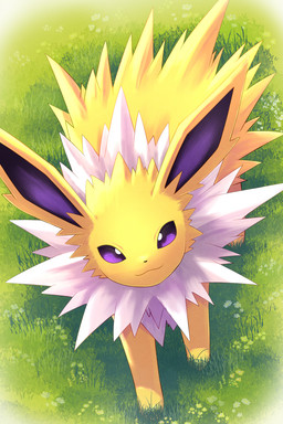 ambiguous_feral ambiguous_gender black_nose closed_smile day digitigrade feral flower fur grass high-angle_view kemono looking_at_viewer looking_up looking_up_at_viewer mane mouth_closed multicolored_body multicolored_fur outside paws plant pupils purple_eyes purple_inner_ear quadruped small_nose smile smiling_at_viewer solo spiky_fur two_tone_body two_tone_fur white_body white_flower white_fur white_mane white_pupils yellow_body yellow_ears yellow_fur rumine nintendo pokemon eeveelution generation_1_pokemon jolteon mammal pokemon_(species) 2026 2:3 hi_res