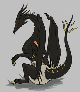 ambiguous_gender band-aid bandage claws clothing diaper feral horn raised_tail sitting solo tail ire-k dark_souls fromsoftware mythology black_dragon_kalameet dragon mythological_creature mythological_scalie scalie hi_res