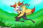 anthro archery arrow_(weapon) bow_(weapon) cocked_bow female holding_bow_(weapon) holding_object holding_ranged_weapon holding_weapon ranged_weapon solo weapon kamperkiller_(artist) nintendo pokemon braixen canid canine fox generation_6_pokemon mammal pokemon_(species) hi_res