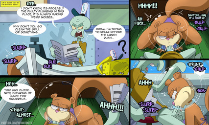 anthro balls bodily_fluids bottomless bottomless_anthro bottomless_male butt clothed clothing confusion cum cum_in_mouth cum_inside erection fellatio female flower_cloud_(spongebob) genital_fluids genitals hat headgear headwear hiding looking_at_viewer male male/female newspaper oral penile penis profanity sex sitting speech_bubble stealth_sex sweat tail text hermit_moth nickelodeon spongebob_squarepants sandy_cheeks spongebob_squarepants_(character) squidward_tentacles aquatic cephalopod coleoid decapodiform mollusk squid 2025 5:3 comic english_text hi_res