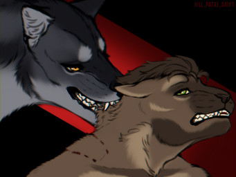 anthro bite bite_mark bite_mark_on_neck brown_body brown_fur duo fanged_bite_mark fanged_bite_mark_on_neck fangs fur grey_body grey_fur male male/male mikael_vuds nude simple_background smile smirking_at_partner teeth teeth_showing vincent_garres hill_patre_saint canid canine canis felid feline mammal wolf 2026 digital_drawing_(artwork) digital_media_(artwork) headshot_portrait hi_res portrait sketch