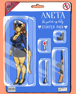 ak-47 ak_platform anthro assault_rifle belt belt_buckle belt_pouch bottomwear breasts brown_hair buckle clothing ears_down eyebrows female footwear fur green_eyes gun hair hat headgear headwear high_heels melee_weapon open_mouth pivoted_ears poland police police_hat police_officer police_uniform polish_people's_republic ranged_weapon rifle shoes skirt smile smiling_at_viewer solo tail text toy uniform weapon wearing_hat yellow_body yellow_fur chisheq aneta_(chisheq) domestic_cat felid feline felis mammal hi_res