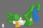 3_fingers 3_toes backsack balls barefoot bodily_fluids bottomless butt clothed clothing erection feet fingers genital_fluids genitals green_body hindpaw male paws penis precum solo toes kolossal frogger frogger_(character) amphibian frog full-length_portrait portrait