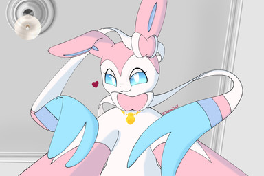 bedroom blue_eyes blue_inner_ear bow_(anatomy) detailed_background female feral first_person_view fur hair_bow_(anatomy) heart_symbol jewelry leg_markings light_bulb low-angle_view markings monotone_tail multicolored_body multicolored_fur neck_bow_(anatomy) necklace one_ear_up pink_body pink_ears pink_fur pink_tail ribbons_(anatomy) socks_(marking) solo tail two_tone_body two_tone_fur white_body white_fur joshuas nintendo pokemon cora_(joshuas) eeveelution generation_6_pokemon pokemon_(species) sylveon 2026 digital_drawing_(artwork) digital_media_(artwork) hi_res