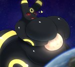 anthro anthrofied big_breasts black_body black_fur breasts earth featureless_breasts female fur glowing heart_symbol macro moon open_mouth planet planet_between_breasts slightly_chubby solo space star terra_macro yellow_body yellow_fur kify nintendo pokemon eeveelution generation_2_pokemon pokemon_(species) umbreon 2023 digital_media_(artwork) hi_res