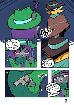 anthro blush bodily_fluids buckteeth butt clothing dialogue dishonesty duo female gun hair holding_object holding_weapon kerchief male neckerchief neckwear nervous poncho purple_eyes purple_hair ranged_weapon shadowed_eyes sheriff stealing suspicion sweat teeth text thief weapon noriap undertale_(series) undertale_yellow mooch_(undertale_yellow) starlo_(undertale_yellow) mammal rodent sciurid tree_squirrel unknown_species absurd_res comic english_text hi_res