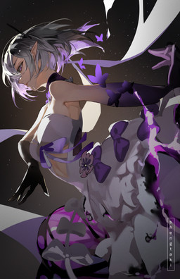 armwear bare_shoulders black_armwear black_clothing black_elbow_gloves black_gloves black_handwear breasts cleavage clothed clothing cosmic_background dress elbow_gloves female gloves grey_hair hair handwear humanoid_pointy_ears medium_breasts not_furry pointy_ears purple_eyes side_view small_waist solo star starry_background white_clothing white_dress wide_hips shengtaki honkai:_star_rail mihoyo castorice_(honkai:_star_rail) ambient_arthropod ambient_butterfly ambient_insect elf humanoid absurd_res digital_drawing_(artwork) digital_media_(artwork) hi_res huge_filesize watermark