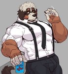 anthro beverage biceps big_muscles cigarette clothing eyewear facial_hair fur glasses hair huge_muscles male muscular muscular_anthro muscular_male necktie simple_background smoking solo istani canid canine canis domestic_dog mammal digital_media_(artwork) hi_res