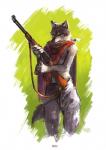 abstract_background amber_eyes anthro bottomwear clothed clothing gun lever_action looking_at_viewer male pants poncho ranged_weapon rifle rifle_sling solo topless weapon racoonwolf canid canine canis mammal wolf hi_res