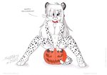 3_toes anthro breasts collar collar_only exposure_variation feet female food fruit genitals holiday_message holidays nude paws plant plantigrade pumpkin pussy solo text toes tirashanks_(artist) halloween vanilla_(tirashanks) cheetah felid feline mammal 2020 english_text